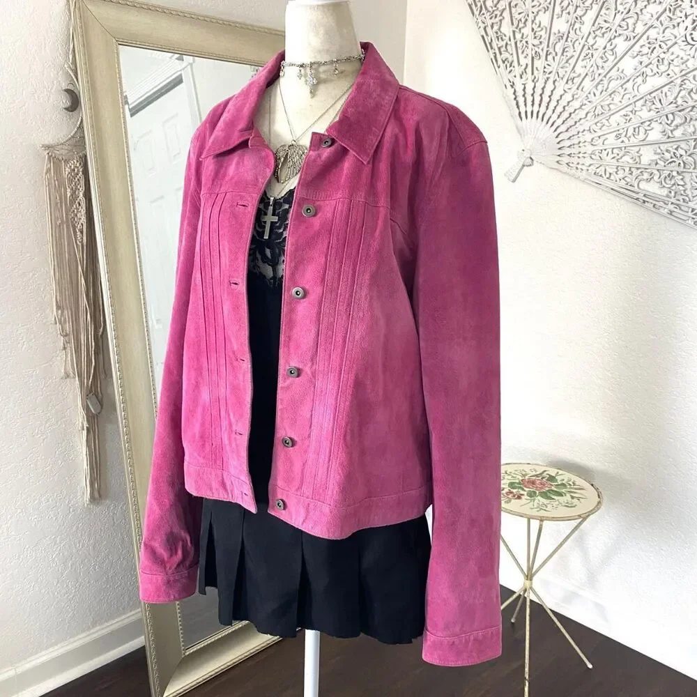 Style & Co Early 2000's Bright Pink Suede Leather Jacket Size XL - Picture 3 of 7